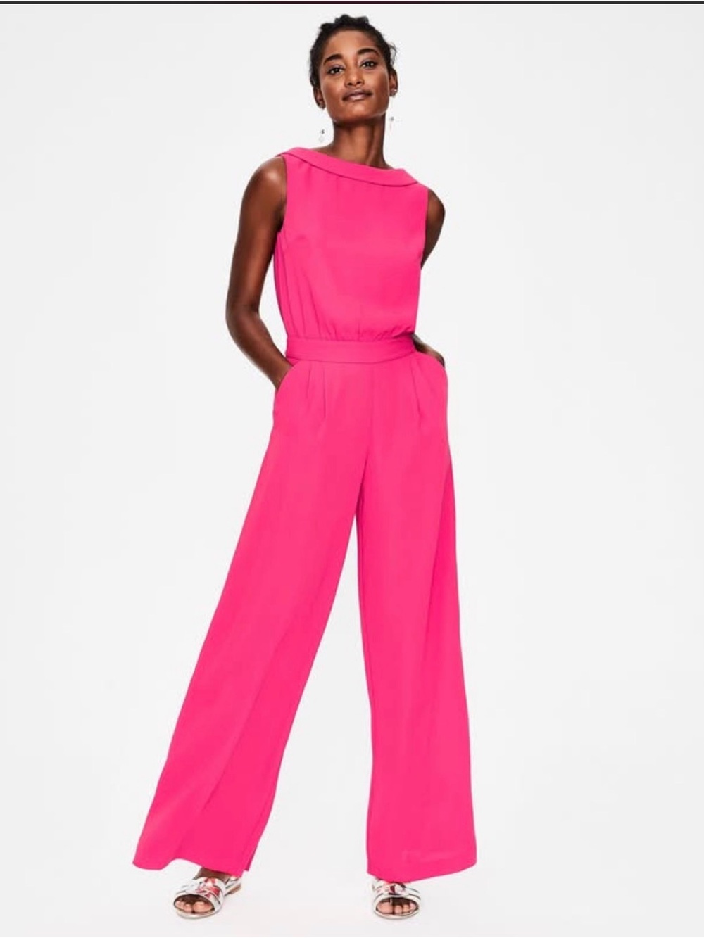 Boden Hot Pink Sleeveless Wide-Leg Jumpsuit with Boat Neck Sz 6R B136